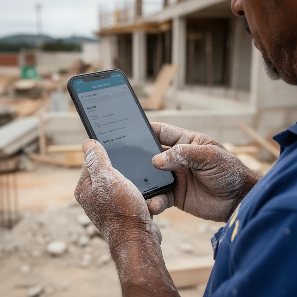 Mãos de trabalhador da construção registrando produção pelo celular